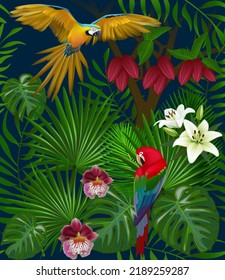 Tropical scene with macaw parrots, exotic flowers and palm trees. Decorative seamless background pattern.