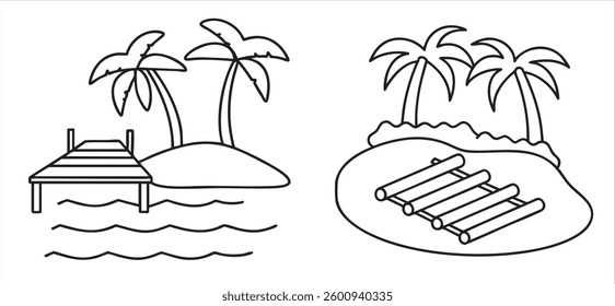 Tropical scene with palm trees, a dock, and a raft on the water.