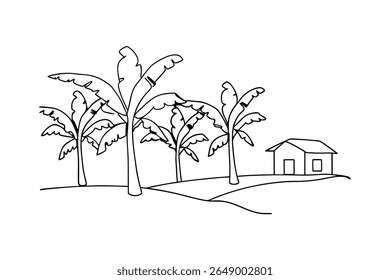Tropical scene with palm trees and house drawing