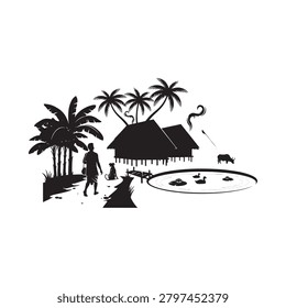 Tropical scene silhouette with palm trees huts and water buffalo