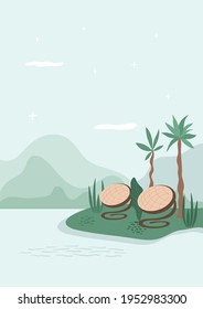 Tropical scenery. Lounge chairs on green island near the sea, ocean. Palm trees, leaves, mountains and clouds. Place for solitude. Vector illustration for vacation, rest projects. Relaxation concept