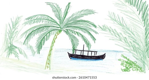 Tropical Scenic Art Depicting Palm Trees and Boat on a Nighttime River
