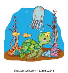 tropical sea animals with seaweed plants
