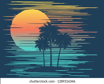 Tropical sea background with palm trees, island and sunset. Vector illustration.