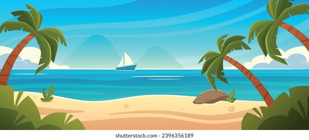 Tropical Sea Beach Background With White Sand And Kissed By Azure Waves. Lush Palm Trees Sway In The Gentle Breeze