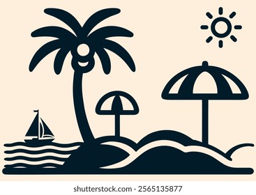 Tropical Sea beach isolated on light background. Landscape with sand beach, sea water, yachts, umbrellas and palm trees. Simple flat vector art illustration, logo, pictogram, icon, flyer, sign, symbol