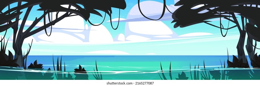 Tropical sea beach with jungle plants in water. Vector cartoon panoramic illustration of summer island landscape with silhouettes of rainforest trees, lianas and grass