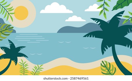 Tropical sea beach landscape with palms and tropical leaves in flat style. Island resort concept. Tourism summer card or banner.