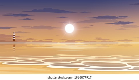 Tropical sea beach with lighthouse at sunset, vector background.