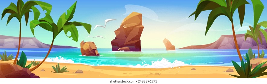 Tropical sea beach with palm trees and rocks in water. Vector cartoon illustration of summer scenery with ocean waves splashing on sandy coast, exotic plants, seagulls flying in blue sky above water