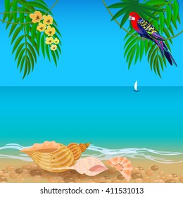 Tropical sea beach with seashells. Summer background with parrot and mollusk shells. In the distance can be seen with a sail boat.