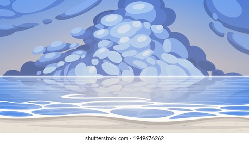 Fondo vectorial de la orilla del mar con nubes. Llueve nubes en el cielo.