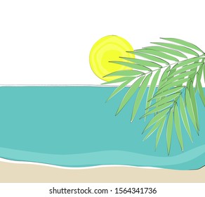 Tropical sea beach view , sun, sea ,palm leaves