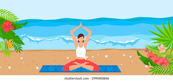 Tropical sea beach for yoga relax, vector illustration, flat young girl character sitting in meditation healthy pose at sand, summer vacation.