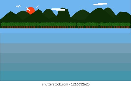 tropical sea, bright sun, many mountains, birds, clouds. Summer holiday or travel concept. Flat design