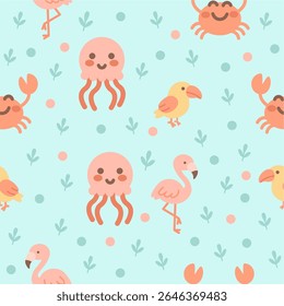 Tropical Sea Creatures Pattern with Octopus, Birds, Flamingos, and Crabs - Vector Seamless