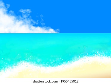 Tropical sea and entrance clouds drawn in watercolor.Horizontal design.