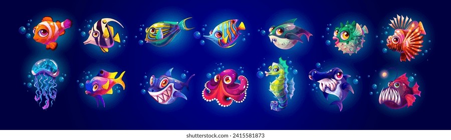 Tropical sea fishes and creatures color vector icon big set. Underwater fauna representants illustrations pack on dark blue background