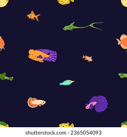 Tropical sea fishes, seamless pattern. Endless exotic marine background. Cute underwater aquarium species. Ocean fauna, repeating print, texture design. Colored flat vector illustration for fabric