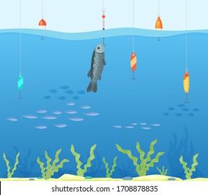 Tropical Sea Fishing Concept, Clean Water Fishing Spot Flat Vector Illustration. Human Person Hobby Angling Seaside Dweller, Search Food Reservoir. Caught River Minnow Fishing Rod Float .