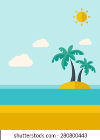 A tropical sea island with palm trees and sun. A Contemporary style with pastel palette, soft blue tinted background with desaturated clouds. Vector flat design illustration. Vertical layout.