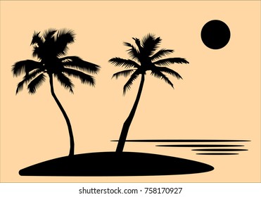 Tropical sea island with palm trees and flowers, sun. black silhouettes and contours on orange background. Flat design Vector Illustration EPS