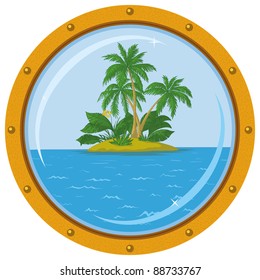 Tropical sea island with palm trees, view from the bronze ship window - porthole. Vector