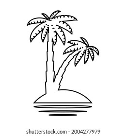 Tropical sea island with plants, palm trees, black silhouettes isolated on white background