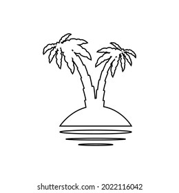 Tropical sea island with plants, palm trees, black silhouettes isolated on white background