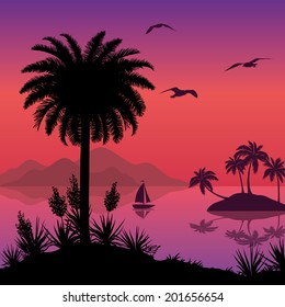 Tropical sea landscape, black silhouettes islands with palm trees and flowers, ship and birds gulls. Eps10, contains transparencies. Vector