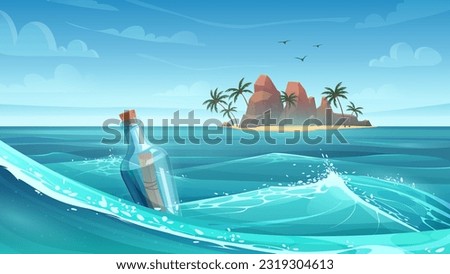 Tropical sea landscape with glass bottle floating to uninhabited island vector illustration. Cartoon scenery of tropics, paper hope message or scroll map of pirate treasure inside. 3D Illustration
