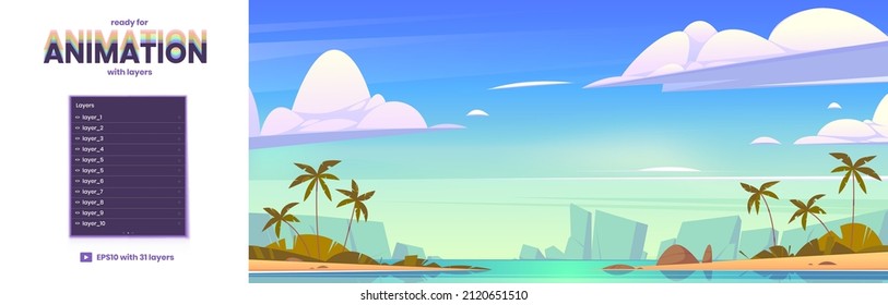 Tropical sea landscape with palm trees on sand beach and mountains. Vector parallax background ready for 2d animation with cartoon summer seascape with lagoon and rocks on horizon