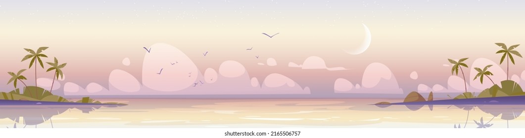 Tropical sea landscape with palm trees on shore in early morning. Vector cartoon illustration of seascape panorama, ocean lagoon or harbor, sand beach, flying birds and moon in sky