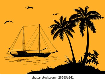 Tropical Sea Landscape, Palm Trees and Flowers, Ship and Birds Gulls black Silhouettes. Vector