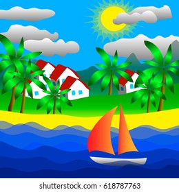 Tropical sea landscape, palm trees and houses, sailing yacht. Blue sky with clouds and sun