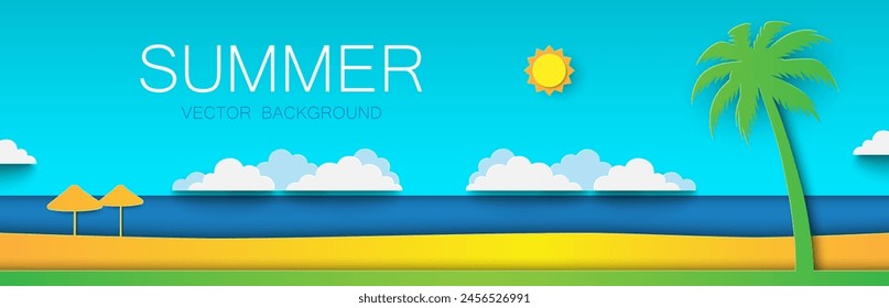 Tropical sea landscape in paper art style. Seaside background with palm tree, sea shore, sun, blue sky, beach umbrellas. Paper cut summer holidays and vacation concept. Vector illustration.