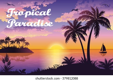 Tropical Sea Landscape, Silhouettes Island with Palm Trees and Exotic Flowers, Ship, Sky with Clouds, Sun and Birds Gulls. Eps10, Contains Transparencies. Vector