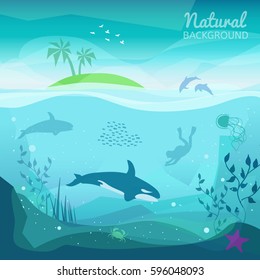 Fundo natural do mar tropical. Paisagem da vida marinha - Ilha no oceano e mundo subaquático com diferentes animais. Ilustrações planas de estilo polígono baixo. Para web e celular, imprimir.