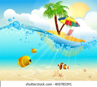 Tropical sea natural background. Ocean island and underwater view with colorful fish