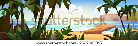 Tropical sea pier surrounded by palm trees, exotic plants, sandy beach. Wooden dock in harbor turquoise water, seagulls and distant mountains. Paradise landscape with gentle waves hit wood jetty.