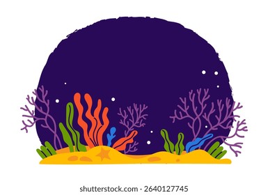 Tropical Sea Plants, seaweed, Coral and sandy seabed on dark blue background. Underwater landscape. Vector illustration