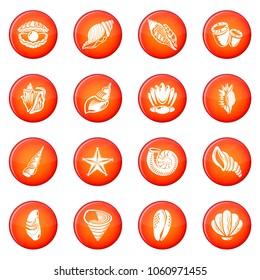 Tropical sea shell icons set vector red circle isolated on white background 