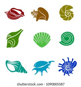 Tropical sea shell icons set vector  on white background