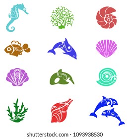 Tropical sea shell icons set vector  on white background