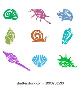 Tropical sea shell icons set vector  on white background