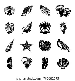 Tropical sea shell icons set. Simple illustration of 16 tropical sea shell vector icons for web