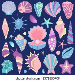 Tropical sea shells, starfishes and pearls collection. Ocean aquatic life underwater set with clams, conchs and shellfishes in cartoon. Summer pearl oyster seashell and aquarium decor collection.