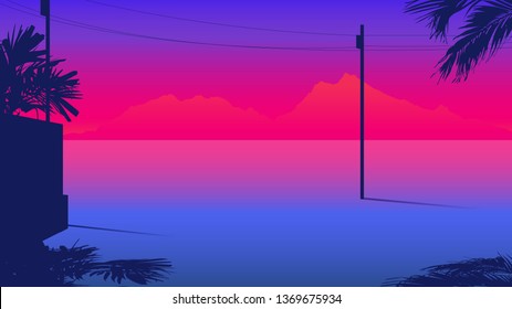 Tropical sea side scene with silhouette shadow of palm and utility pole, neon gradient background template aesthetic / nostalgic feeling