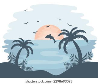 Tropical sea sunset with palm trees, dolphin and seagulls on a watercolor background. Illustration, icon, vector