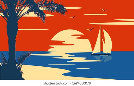 Tropical sea sunset or sunrise with palm tree and yacht. Nature landscape and seascape. 